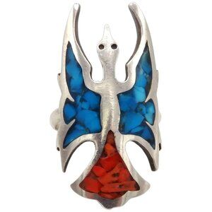Vintage Navajo Sterling Silver Native American Peyote Bird Coral Turquoise Ring